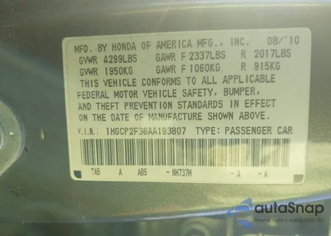 2010 Honda Accord 2.4 Lx from USA, damaged, VIN 1HGCP2F36AA193807